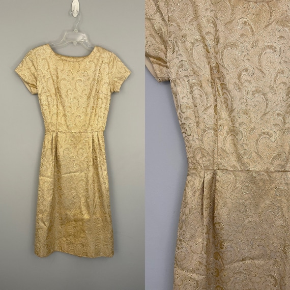 50s Gold Brocade Dress 1960s Gold Party Dress Flo… - image 1