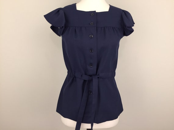 70s Baby Doll Top Navy Blue Flutter Sleeve Grunge