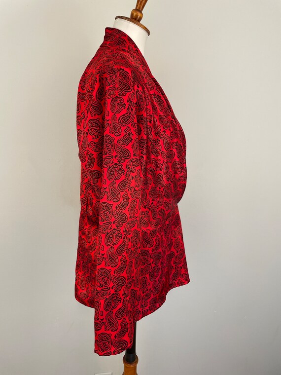 Vintage 80s Red Satin Blouse Paisley Print Dressy… - image 4