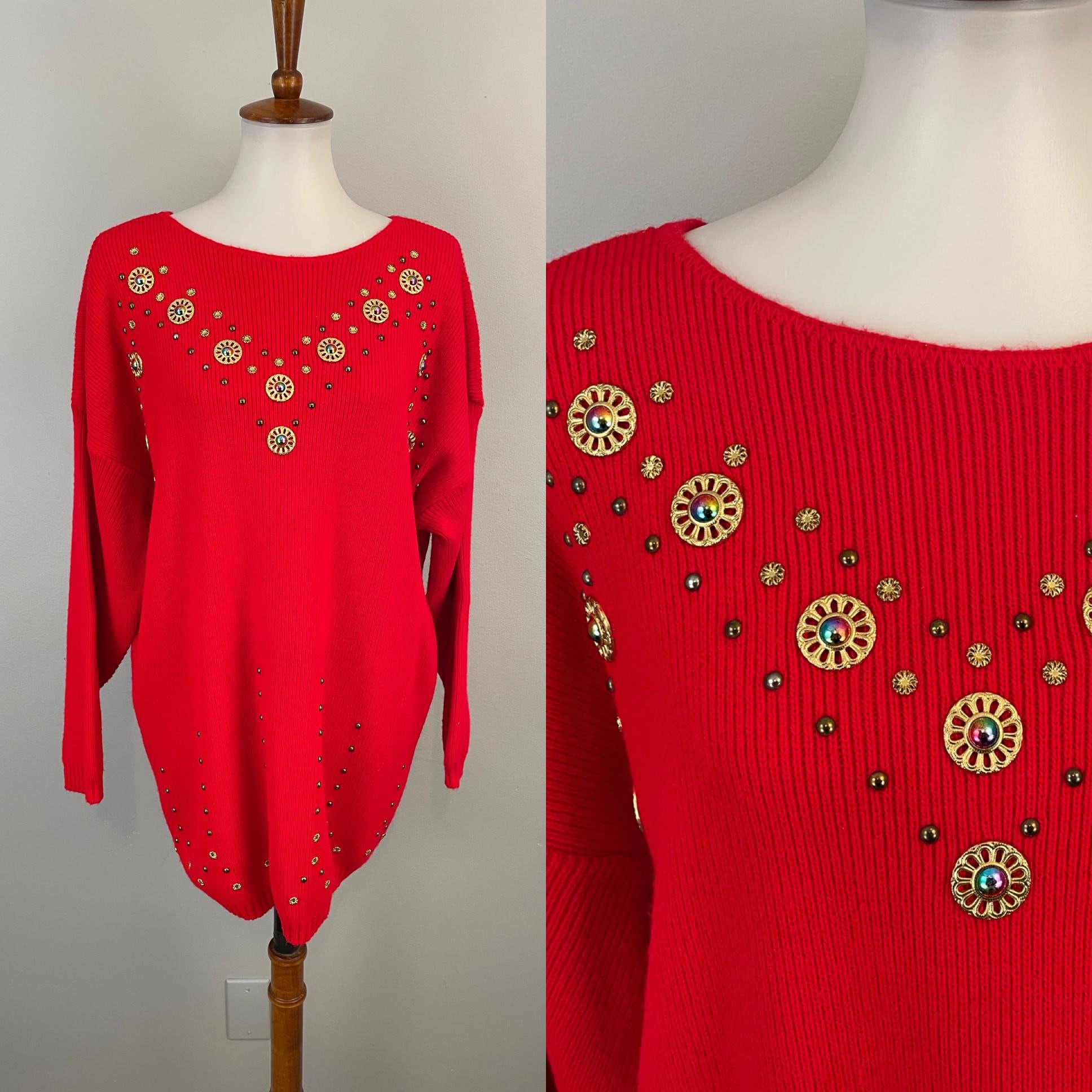 90s Red Beaded Sweater Vintage Red Tunic Sweater Red Christmas Sweater Holiday Studded Studs Dressy Sweater Western Bedazzled XL 1X 2X