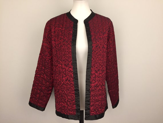 Quilted Jacket Asian Print Open Cardigan Large Womens Size 12 Floral Red Black Satin Trim Alfred Dunner Lightweight Jacket Womens Clothing