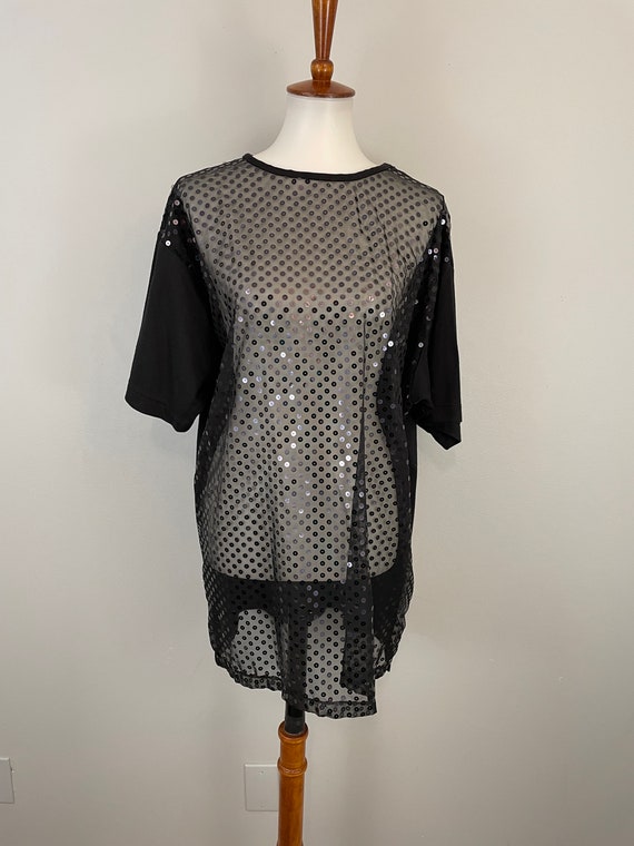 90s Black Sheer Sequin Top Swim Cover Up Beach Co… - image 2