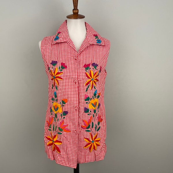 60s 70s Mexican Blouse Embroidered Floral Top Red Gingham Sleeveless Shirt Hippie Bohemian Colorful Button Up 1960s Vintage Clothing 1970s