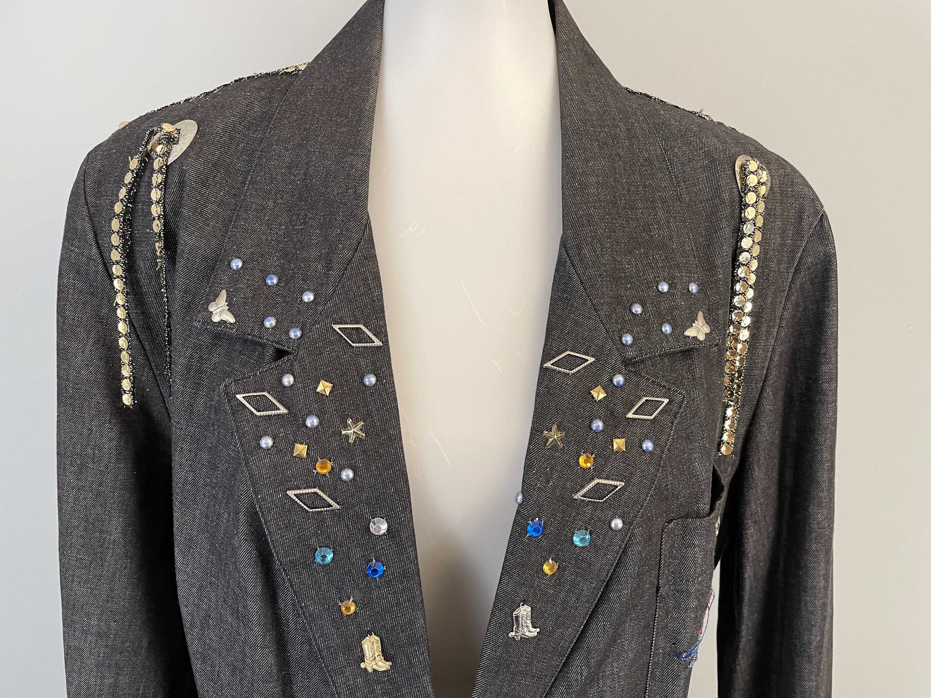 90s Western Jean Blazer Jacket Line Dancing Black Denim Jacket Cowgirl ...
