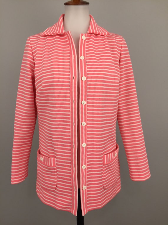 70s Knit Cardigan Shirt Jacket Button Up Pink and… - image 2