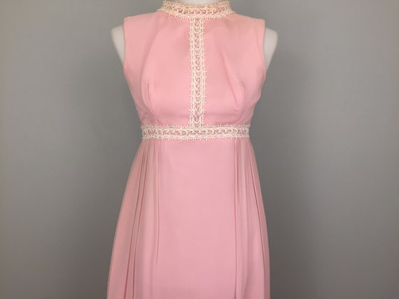 Long Pink Chiffon Dress 60s 70s Maxi Dress Boho Gimp Trim Pink