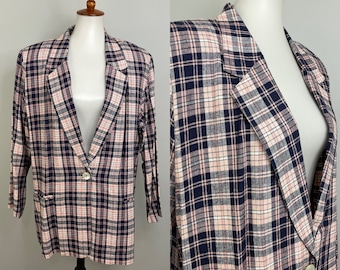 90s Plaid Blazer Jacket Size 16 Linen Blazer Longline Preppy Academia Rayon Pink blue Plaid Pastel Womens 1990s Vintage Plus Size XL