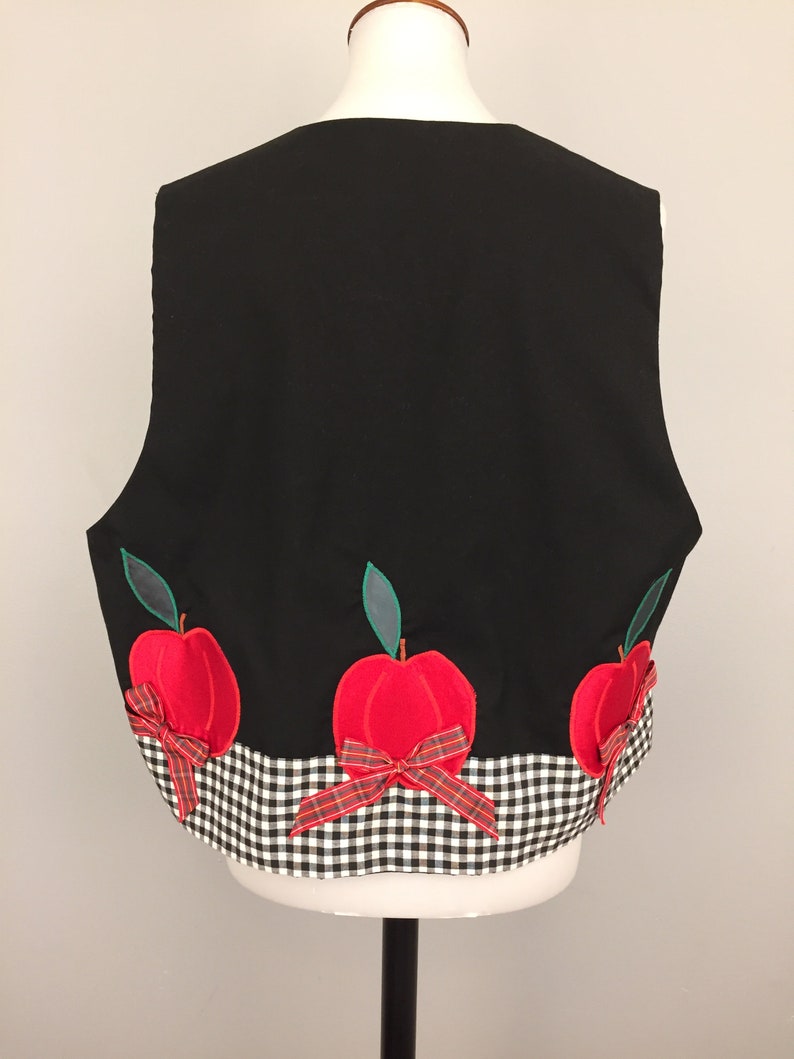 Teachers Gift Novelty Vest Red Apples Black White Check Plaid Applique 1X Women Plus Size Clothing Back to School Teacher Clothing Christmas