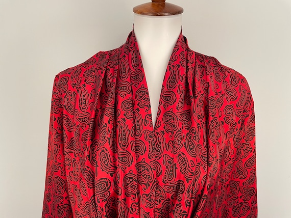 Vintage 80s Red Satin Blouse Paisley Print Dressy… - image 2