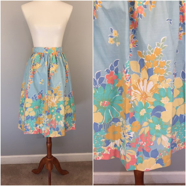 70s Floral Midi Skirt High Waist Light Blue Floral Skirt Pastel Flower Print Skirt Full 1970s Vintage Clothing Small Sears 70s Boho Clothes