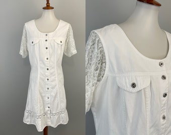2000s White Cotton Dress Summer Vintage Y2K White Summer Dress with Lace Sleeve Fit & Flare Denim Short Sleeve Ruffle Hem Women XL Size 16