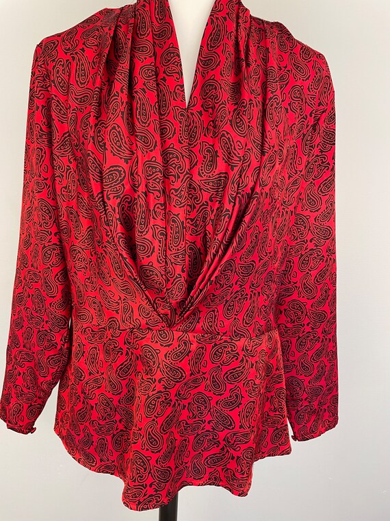 Vintage 80s Red Satin Blouse Paisley Print Dressy… - image 3