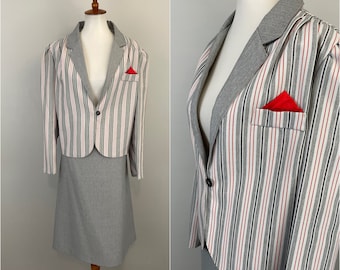 70s 80s Pinstripe Skirt Suit Midi Jacket & Skirt Set Gray White Red Puff Sleeve Retro Secretary Handkerchief Plus Size Vintage 16 18 XL