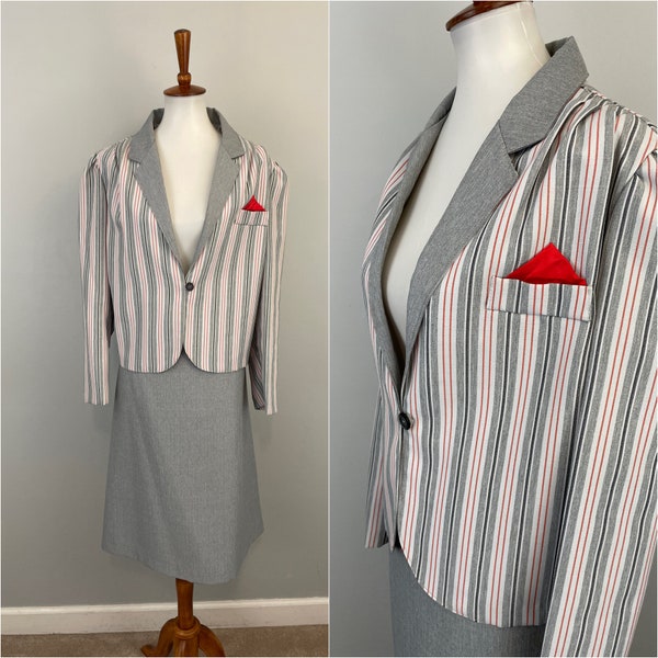 70s 80s Pinstripe Skirt Suit Midi Jacket & Skirt Set Gray White Red Puff Sleeve Retro Secretary Handkerchief Plus Size Vintage 16 18 XL
