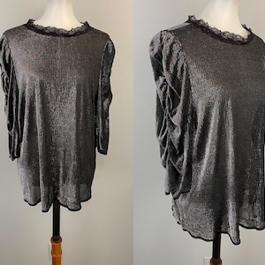 90s Black Metallic Party Top Vintage Disco Shirt Semi Sheer Cocktail Top Sparkly Holiday Party Top Ruched Puff Sleeve Blouse 1990s XL 1X