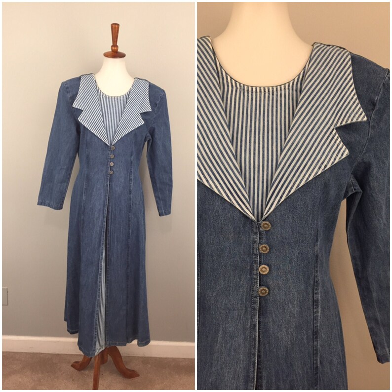 Vintage Denim Dress Blue Jean Dress Long Sleeve Blue White Stripe Women Medium Wash Denim Medium Made USA 80s 90s Vintage Dress 1980s 1990s