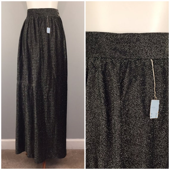 Vintage Black & Silver Metallic High Waist Long Sk