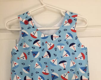 Infant boy romper, baby boy bubble suit, toddler sun suit.  Sail boat fabric.  ONLY ONE LEFT.  9 months.  Infant and childrens