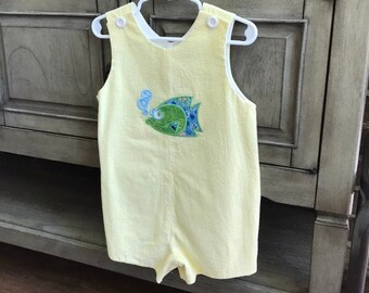 Summer toddler baby romper, sun suit, John John.  yellow and white seersucker fish romper. Size  24 months and 3T. Infant and childrens.