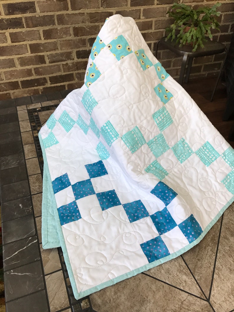 Quilted throw. Aqua teal white patchwork quilt. Infant baby Etsy