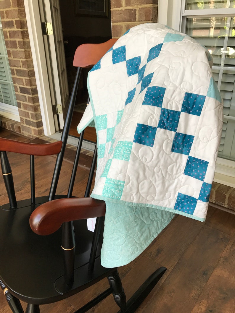 Quilted throw. Aqua teal white patchwork quilt. Infant baby Etsy