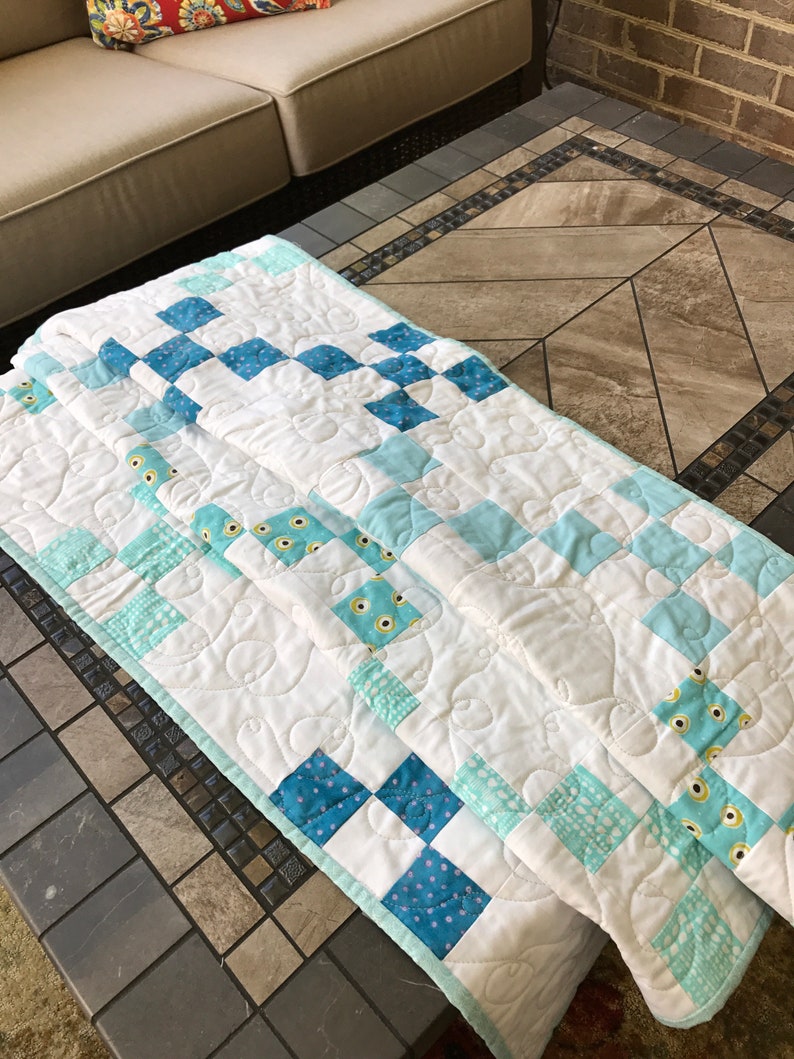 Quilted throw. Aqua teal white patchwork quilt. Infant baby Etsy
