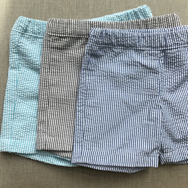 Infant toddler boy seersucker.  Summer shorts. Pull on shorts.