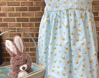 Easter dress. Infant toddler girl blue sleeveless dress covered in bees.  Pintucks and buttons on bodice.Spring summer dress. Ready to ship