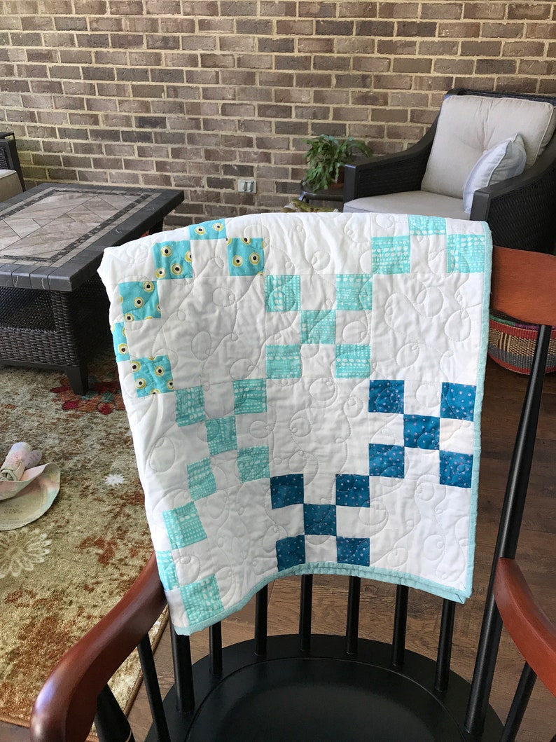 Quilted throw. Aqua teal white patchwork quilt. Infant baby Etsy