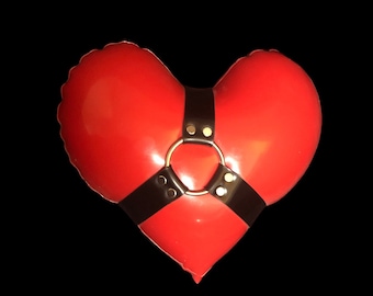 Bind my heart - 15"  Inflatable latex Rubber Heart Shape Cushion with Neoprene Bondage straps