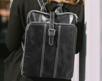 Black Leather Backpack, Full Grain Calfskin, Floto Venezia Knapsack