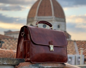 Large Leather Briefcase, Brown Leather Business Case, Laptop Bag, Leather bag, Mens Briefcase, Floto Duomo (8019BROWN)