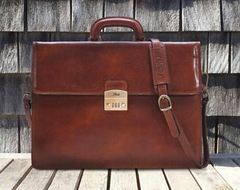 Brown Leather Briefcase Attache Laptop Bag Case with Combination Lock (10402BROWN)
