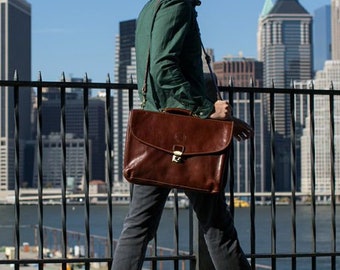 Leather Messenger Bag, Brown Leather Messenger, Mens Leather Briefcase, Laptop Bag, Leather bag, Mens Briefcase, Cenzo (4050BROWN)