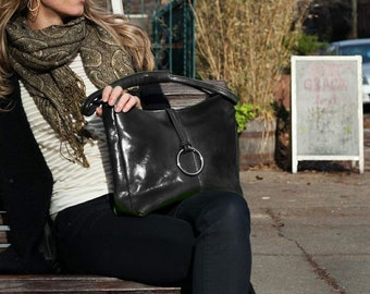 Leather Bag, Leather Handbag,  Leather Shoulder Bag, Leather Purse, Black Shoulder Bag, Floto Tavoli (5541BLACK)