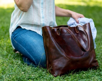 Leather Bag, Leather Tote Bag,  Leather Shoulder Bag, Leather Handbag, Brown Shoulder Bag, Floto Piazza Tote (5591BROWN)