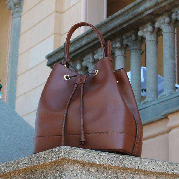 Leather Bag, Bucket Bag, Brown Leather Handbag, Leather Crossbody, Handmade Leather Bag, Woman Leather Bag, Floto Bag (1213BROWN)