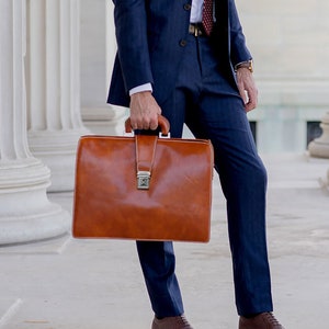 Floto Italian Leather Briefcase, Full Grain, Hand Stained, Tobacco Brown