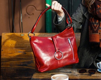 Leather Bag, Leather Handbag,  Leather Shoulder Bag, Leather Purse, Red Shoulder Bag, Floto Tavoli (5541RED)