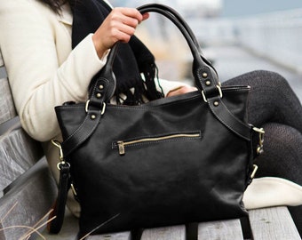 Bolso de piel hecho a mano, bolso de piel, bolso de mano, bolso de piel para mujer, bolso de hombro de piel negra, bolso de mano hecho en Italia (5579BLACK)