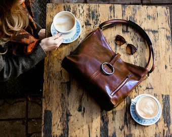 Bolso de piel, bolso de mano de piel, bolso de hombro de piel, monedero de piel, bolso de hombro marrón, Floto Tavoli (5541BROWN)