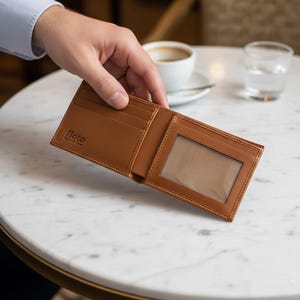 Puede incluir: Cartera de cuero marrón claro abierta, con el nombre de la marca "floto" grabado en relieve en la parte delantera. La cartera tiene múltiples ranuras para tarjetas y una ventana de identificación transparente. Una taza de café y un vaso de agua están en el fondo.
