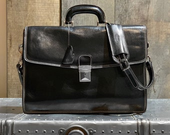 Hand Stained Leather Briefcase, Black Italian Calf-Skin, Laptop Bag