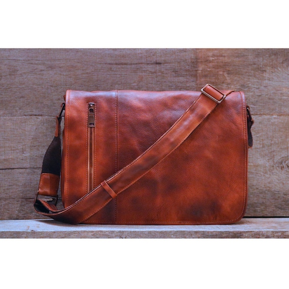 Men's Distressed Full Grain Leather Messenger Bag Leather Etsy