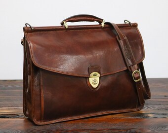 Leather Briefcase, Brown Leather Briefcase, Dowell Rod Briefcase, Laptop Bag, Leather bag, Mens Briefcase, Floto Firenze (142181 BROWN)