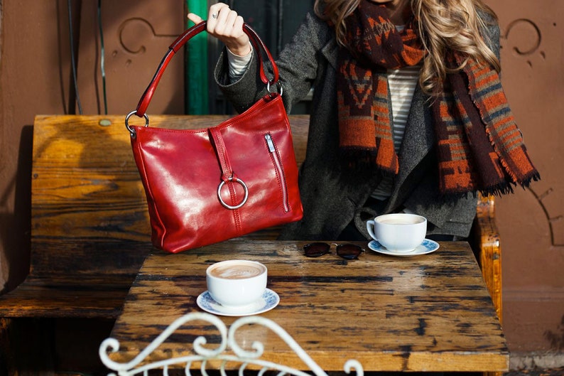 Leather Bag, Leather Handbag, Leather Shoulder Bag, Leather Purse, Red Shoulder Bag, Floto Tavoli 5541RED image 1