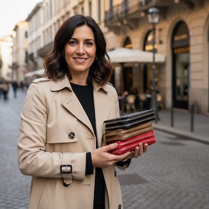 Puede incluir: Una mujer con un abrigo beige sostiene una pila de carteras con cremallera negras, marrones y rojas. El fondo borroso muestra una calle con edificios. Las carteras tienen cremalleras doradas.