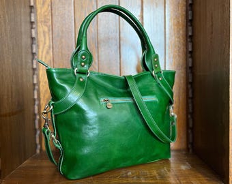 Bolso de piel, Bolso de piel hecho a mano, Bolso de mano, Bolso de piel para mujer, Bolso de hombro de piel verde, Bolso de mano hecho en Italia (5579GREEN)