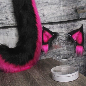 Magenta Hot Pink and Black Faux Fur Cat Ears and Tail Set
