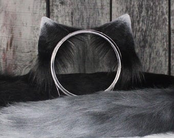 Conjunto de orejas y cola de gato ahumado, negro, gris y blanco